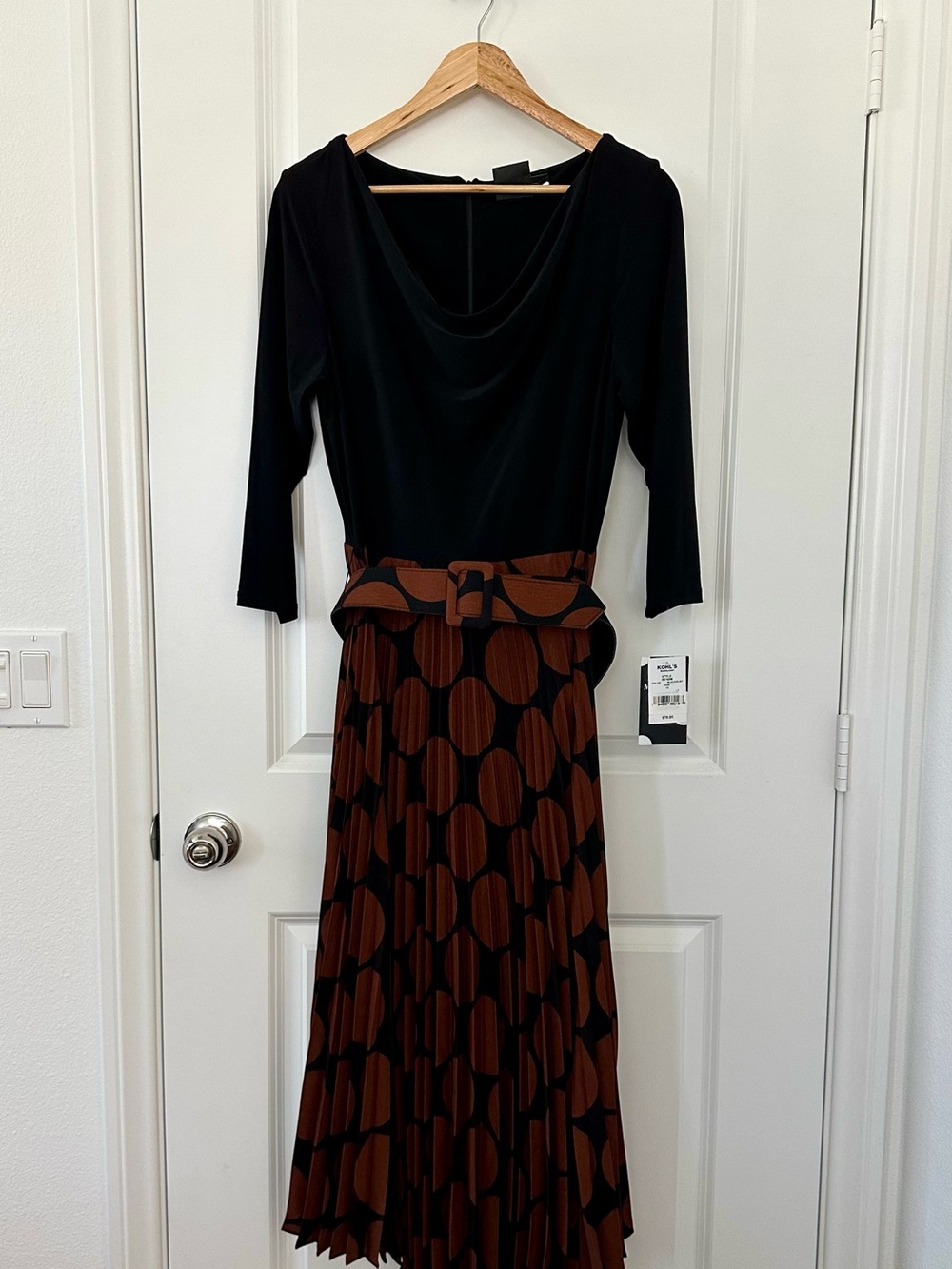 Maison Tara Black Top with Brown Polka Dot Pleated Midi Skirt